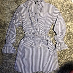 Collar Pinstripe Tie Waist Dress